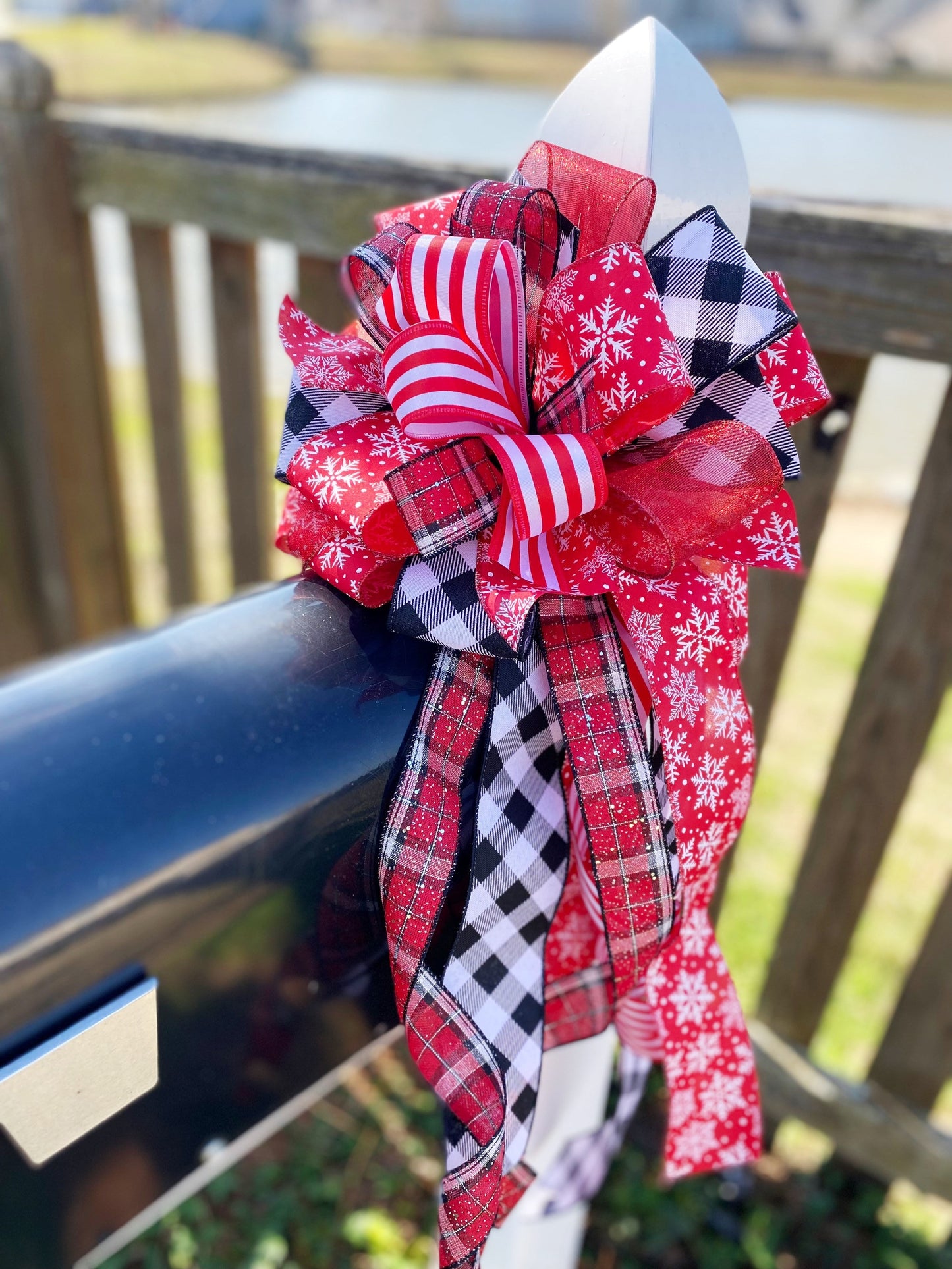 Winter Collection- Red and White Bow, Snowflake Bow, Winter Bow, Snowflakes, Winter, Large Bow, Mailbox Bow, Wreath Bow, Gift Bow