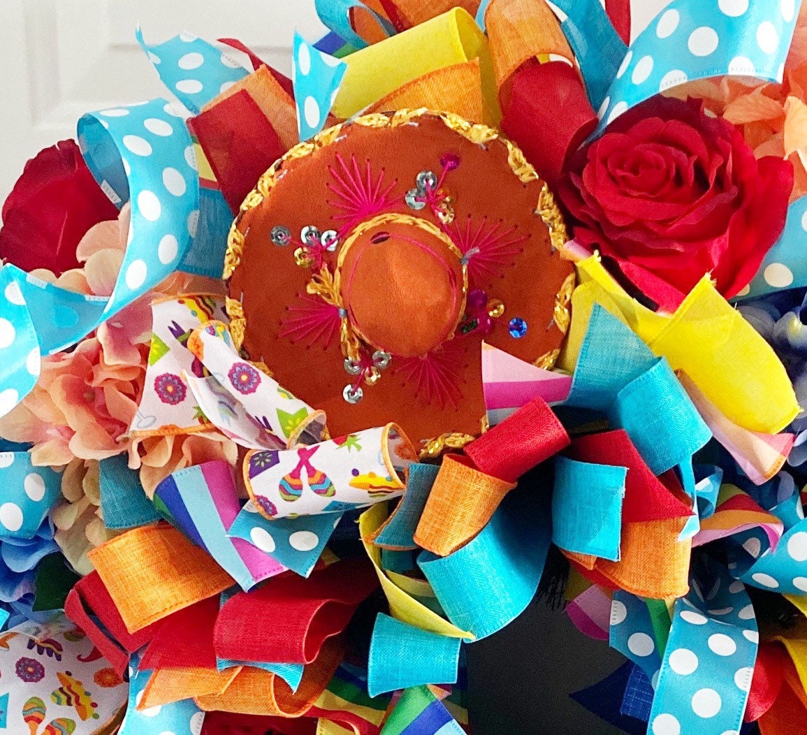 Wreath Collection- Festive Wreath, Fiesta,Party,Decorate,Cinco De Mayo,Wreath,Latin Decor,Maracas,Festive,Ribbon,Ribbon Wreath,Gift