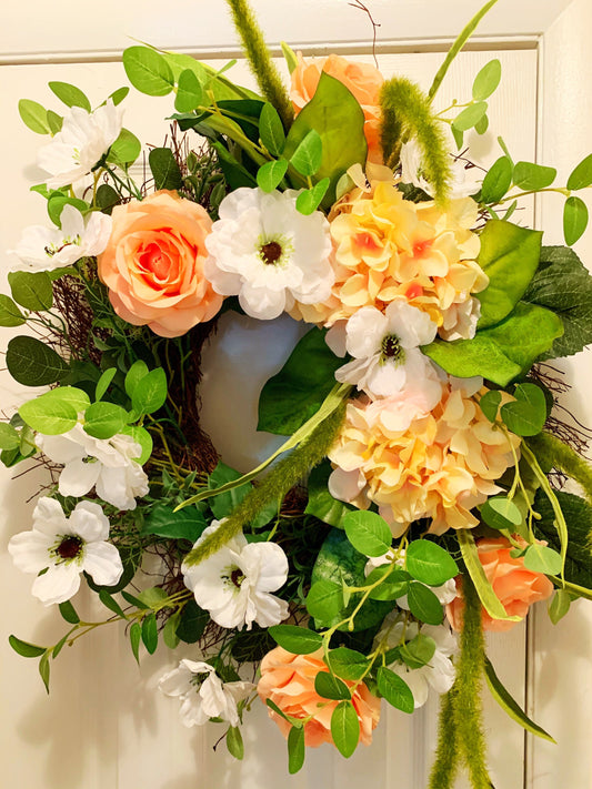 Wreath Collection - Wreath,Hydrangea Wreath,Hydrangea,Rose,Wreath,Decor, Peach,Peach Decor,Silk, Artificial Wreath,Floral Wreath,Floral