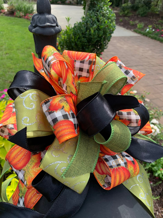 Fall Collection- Pumpkin Black/White Check Bow, Fall Bow, Fall Decor, Fall Ribbon, Mailbox Bow, Wreath Bow, Large Bow, Bow, Bows