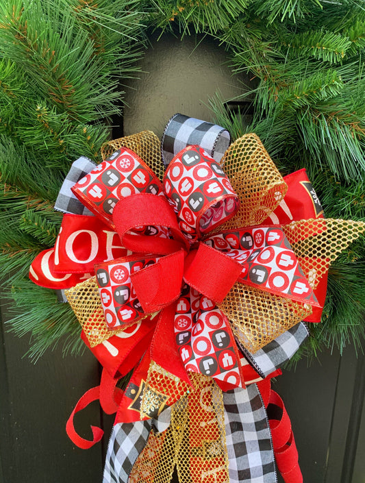 Christmas Collection- Red/Black/Gold Bow, Joy Bow, Christmas Bow, Bows, Bow, Mailbox Bow, Wreath Bow, Holiday Bow