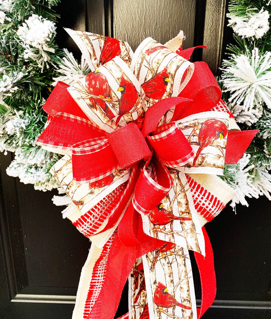 Winter Collection- Cardinal Bow, Red Birds, Cardinals, Wreath Bow, Cardinal Wreath Bow, Mailbox Bow,Cardinal Mailbox Bow,Large Bow, Gift Bow