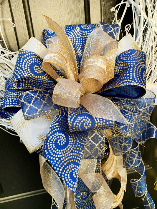 Everyday Collection - The Karen Bow, Bows, Karen Bow, Blue Bow, Blue Gold Bow, Mailbox Bow, Gold Bow, Large Bow, Karen, Wreath Bow