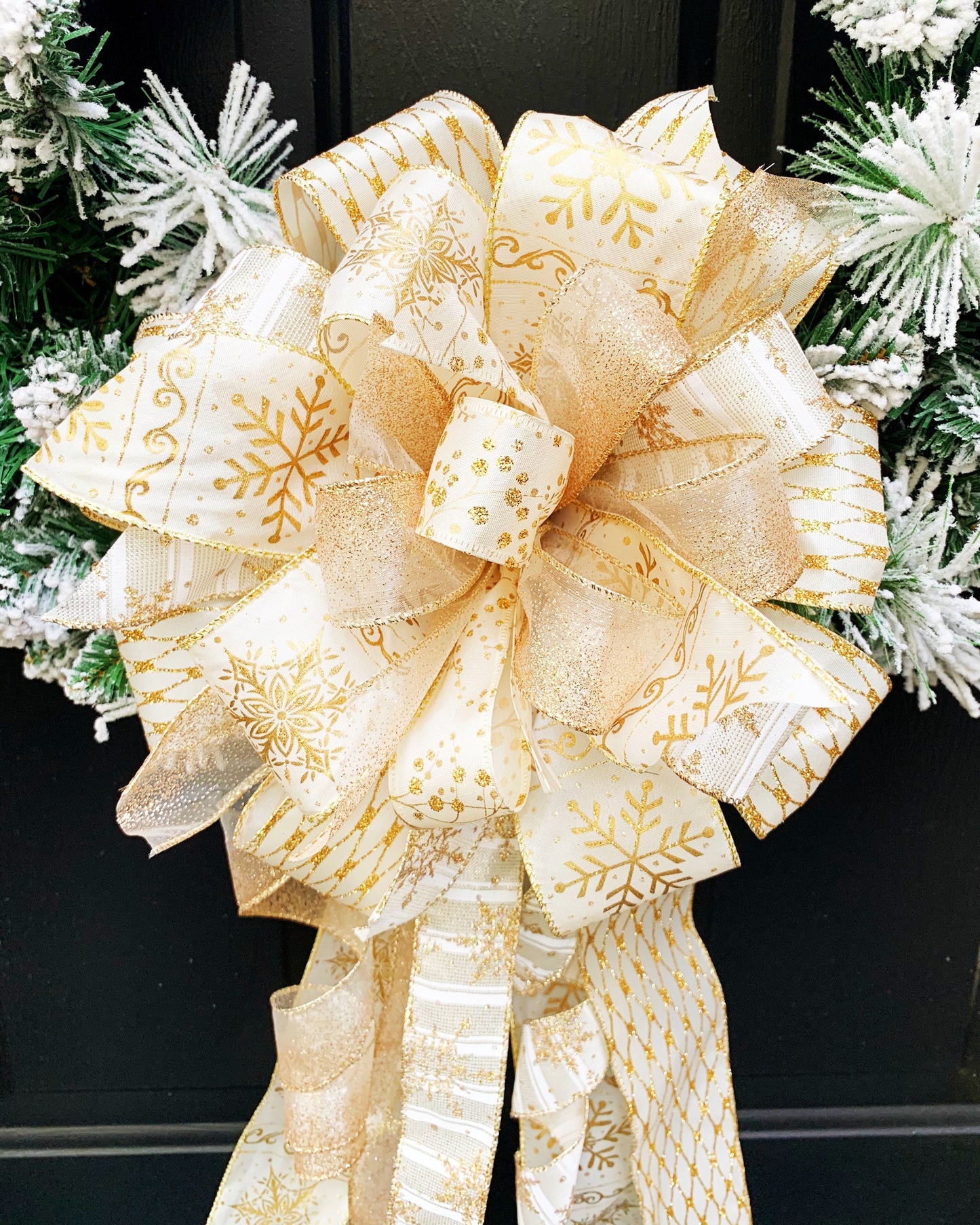 Winter Collection- Gold/Cream Snowflake Bow,Bow,Bows,Christmas Bow,Christmas Decor,Mailbox Bow,Wreath Bow,Gold Decor,Gold Bow