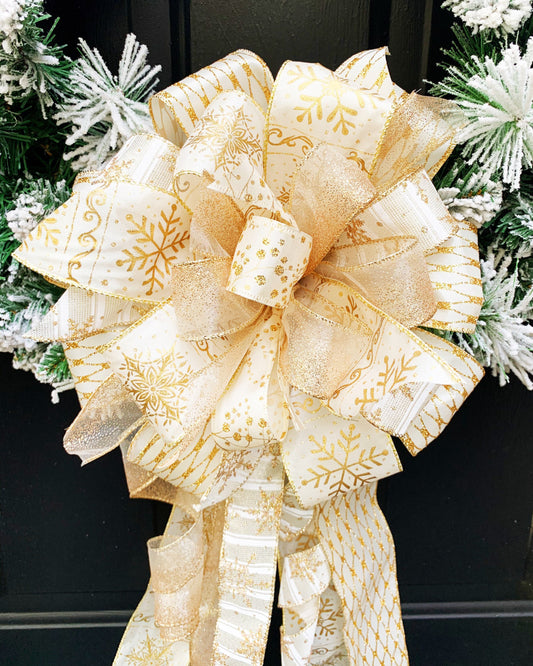 Winter Collection- Gold/Cream Snowflake Bow,Bow,Bows,Christmas Bow,Christmas Decor,Mailbox Bow,Wreath Bow,Gold Decor,Gold Bow