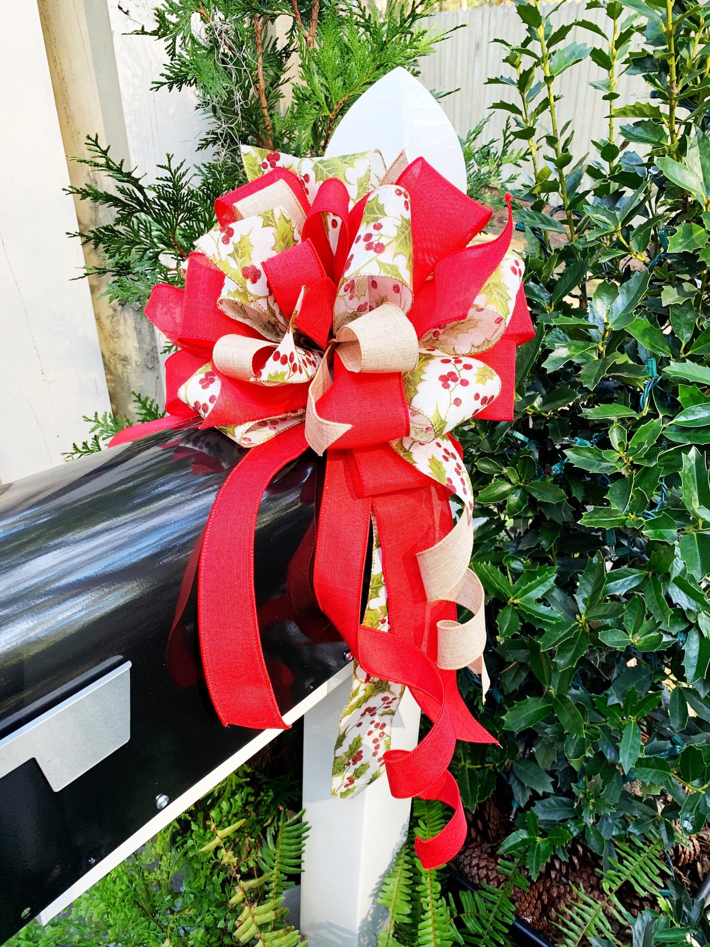 Christmas Bow in Red and Beige Featuring Holly Ribbon. Perfect for Mailbox, Door, and Wreath.