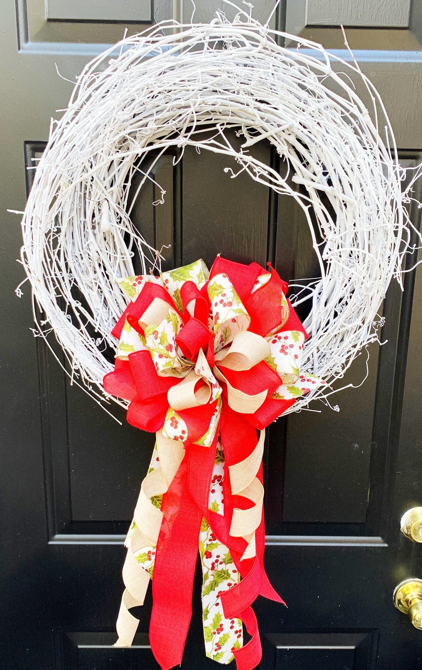 Christmas Bow in Red and Beige Featuring Holly Ribbon. Perfect for Mailbox, Door, and Wreath.