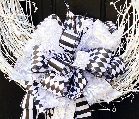 Everyday Collection- Black/White Modern Bow, Argyle Bow, Black Bow, White Bow,Mailbox Bow,Wreath Bow,Large Bow,Black and White Bow, Gift Bow