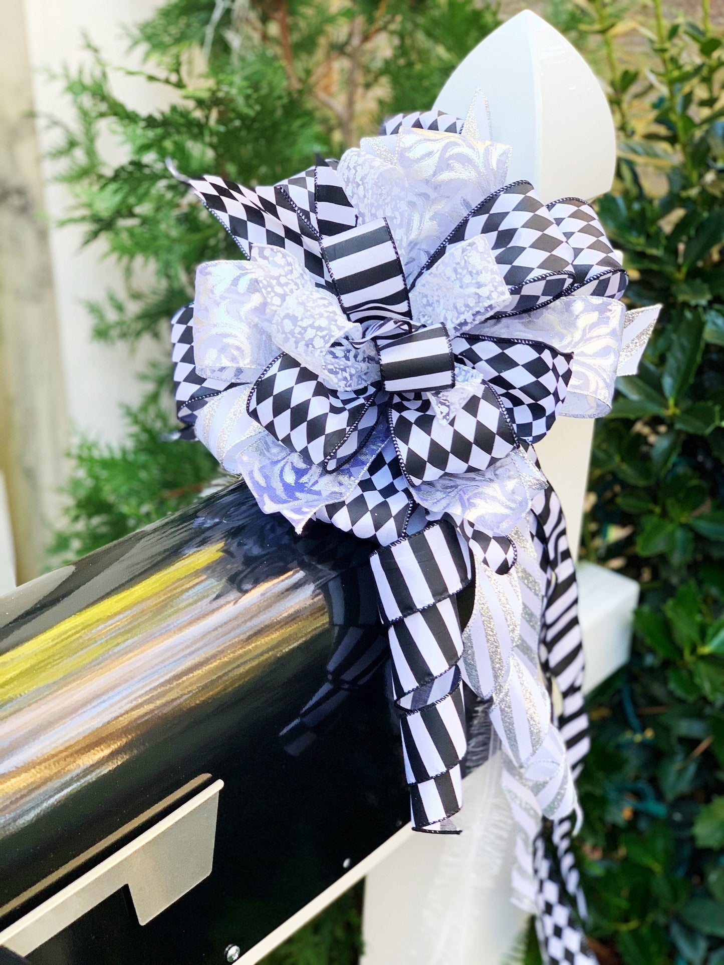 Everyday Collection- Black/White Modern Bow, Argyle Bow, Black Bow, White Bow,Mailbox Bow,Wreath Bow,Large Bow,Black and White Bow, Gift Bow
