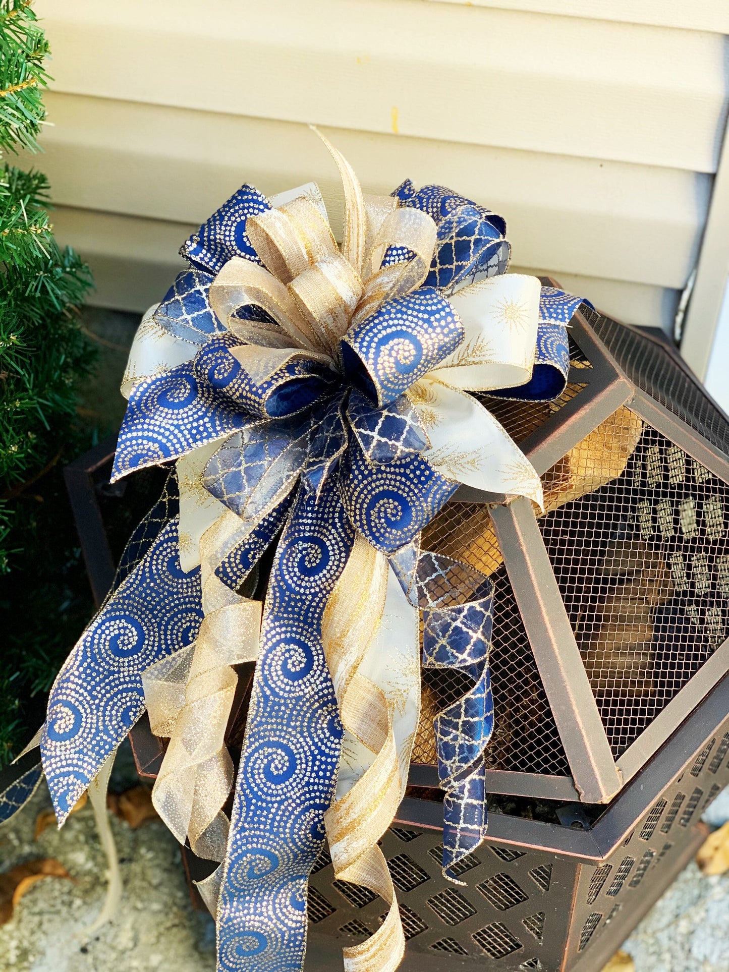 Everyday Collection - The Karen Bow, Bows, Karen Bow, Blue Bow, Blue Gold Bow, Mailbox Bow, Gold Bow, Large Bow, Karen, Wreath Bow