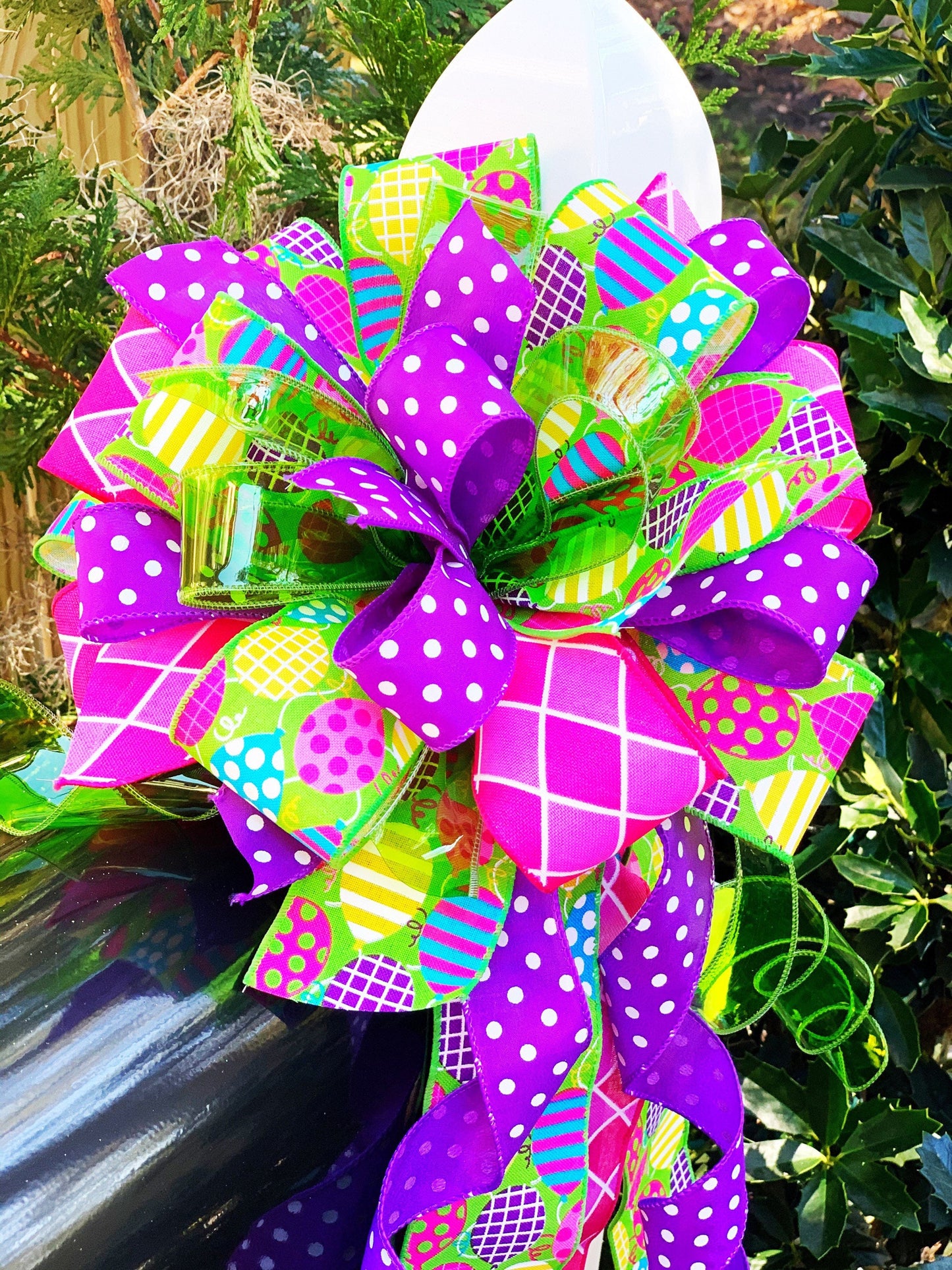 Birthday Bow with Vibrant Multicolor, Featuring Purple Polka Dot Ribbon. Perfect for Mailbox, Door, and Wreath.