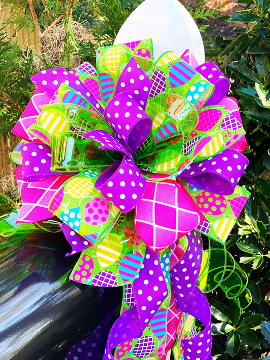 Birthday Bow with Vibrant Multicolor, Featuring Purple Polka Dot Ribbon. Perfect for Mailbox, Door, and Wreath.
