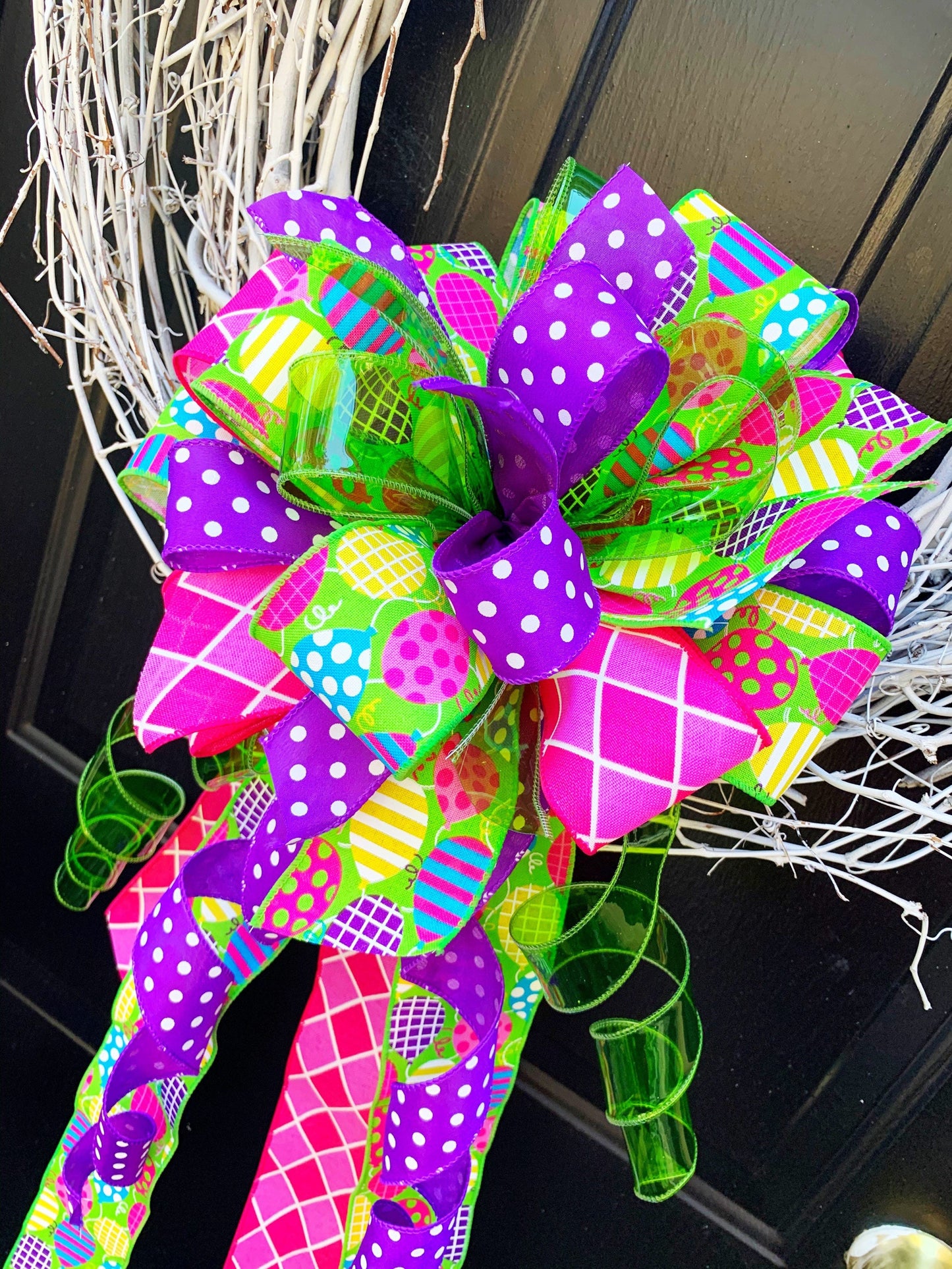 Birthday Bow with Vibrant Multicolor, Featuring Purple Polka Dot Ribbon. Perfect for Mailbox, Door, and Wreath.