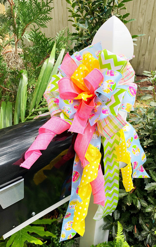 Easter Bow in Pastel Pink, Blue, and Green Featuring Easter Bunny & Egg Ribbon. Perfect for Mailbox, Door, and Wreath.