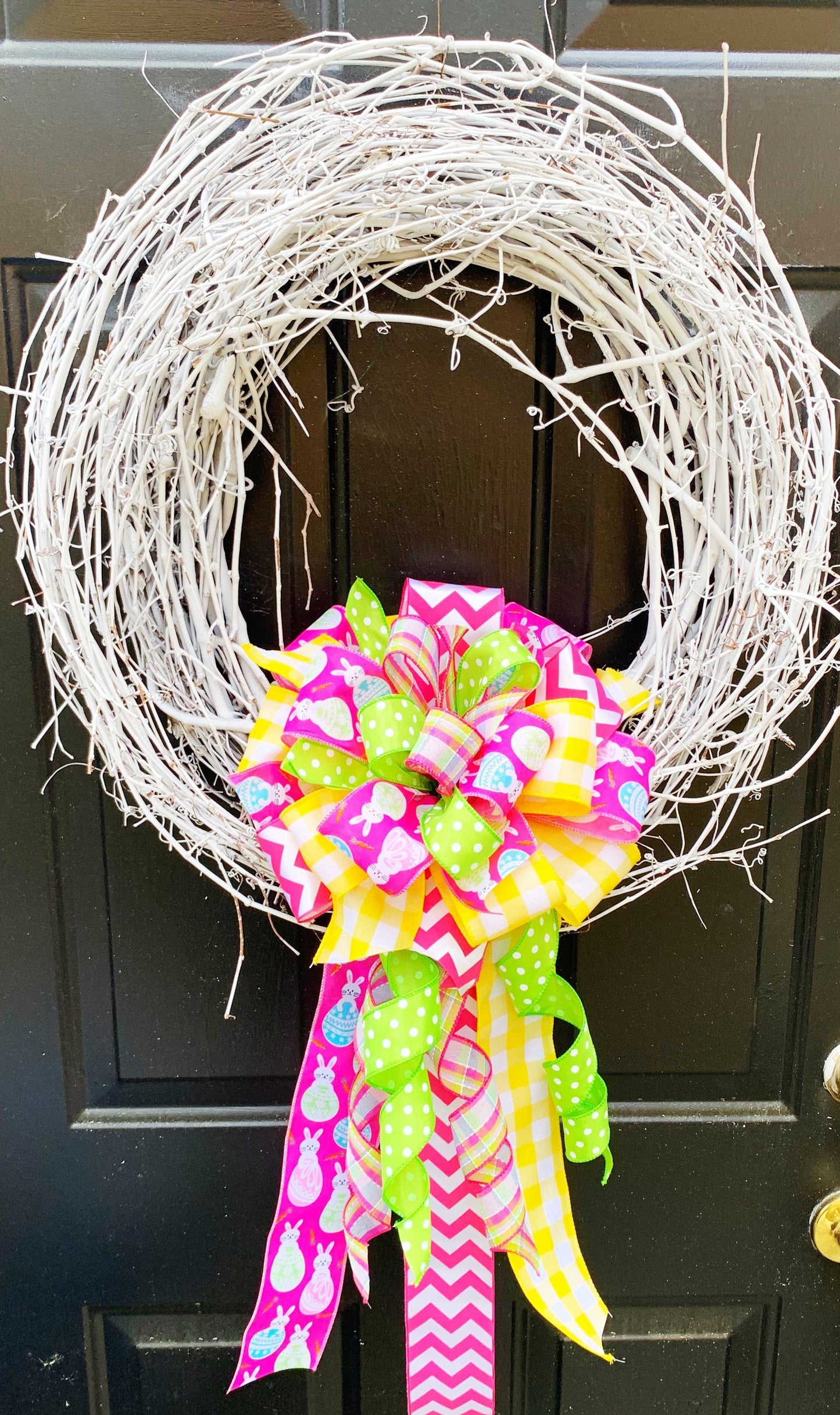 Easter Bow in Light Yellow, Pink, and Green in Multipattern, Featuring Bunnies. Perfect for Mailbox, Door, and Wreath.