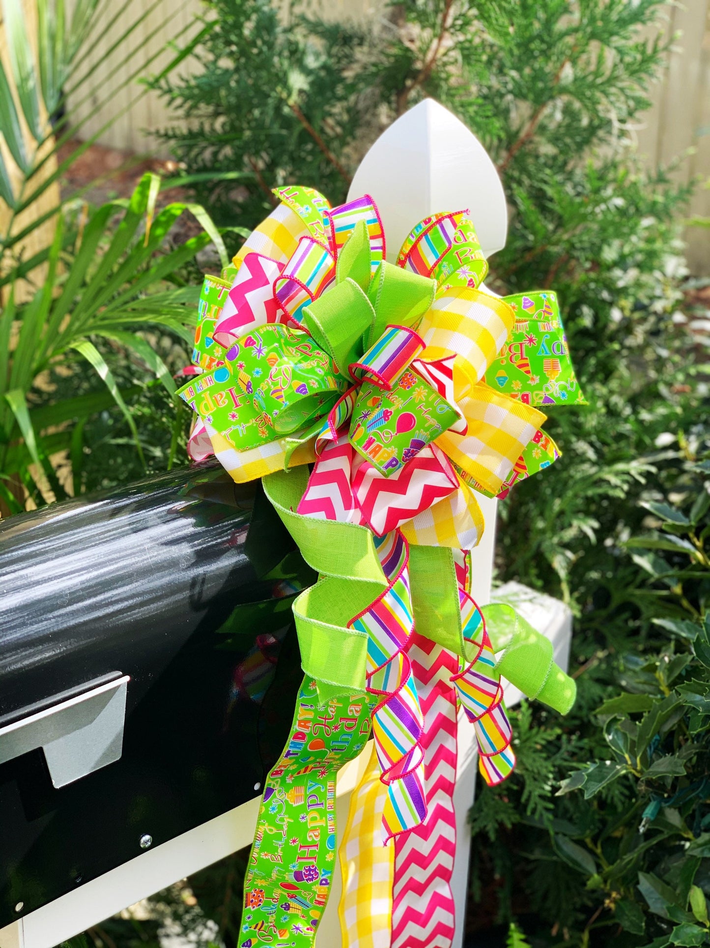 Birthday Bow in Multicolor Featuring Ribbon with Presents and Balloons. Perfect for Mailbox, Door, and Wreath.