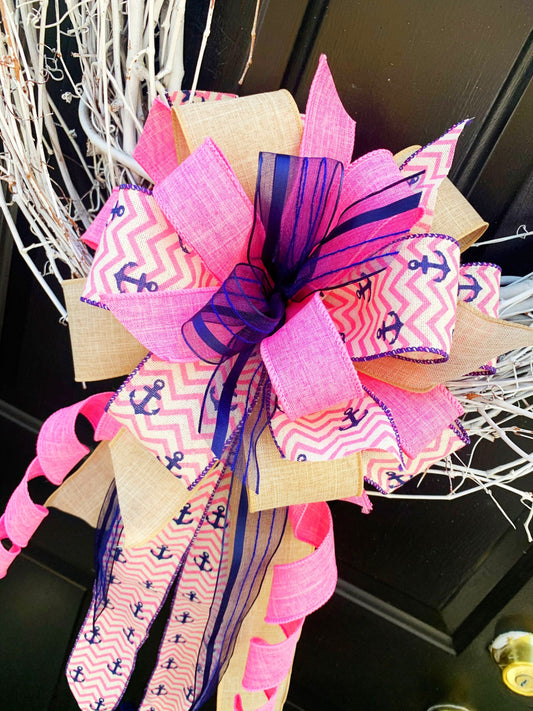 Summer Collection - Anchors Away, Anchors Ribbon, Summer Bow, Summer, Summer Decor, Nautical, Nautical Bow, Pink Stripe Bow, Pink Bow, Bow
