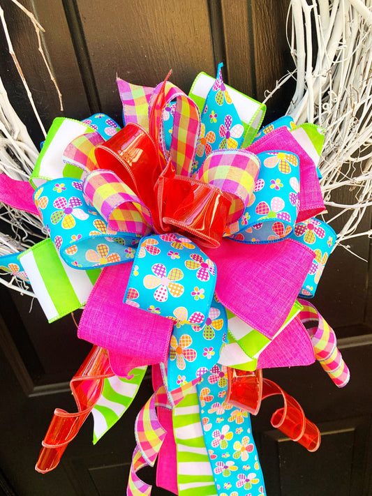 Summer Bow in Blue, Pink, Green, and Red Jelly Ribbon with Multiple Pattern Ribbon Featuring Flowers. Perfect for Mailbox, Door, and Wreath.
