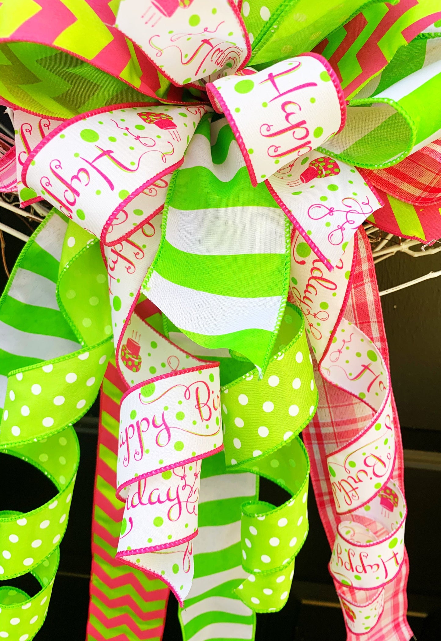Birthday Bow in Vibrant Pink and Green Ribbon. Perfect for Mailbox, Door, and Wreath.