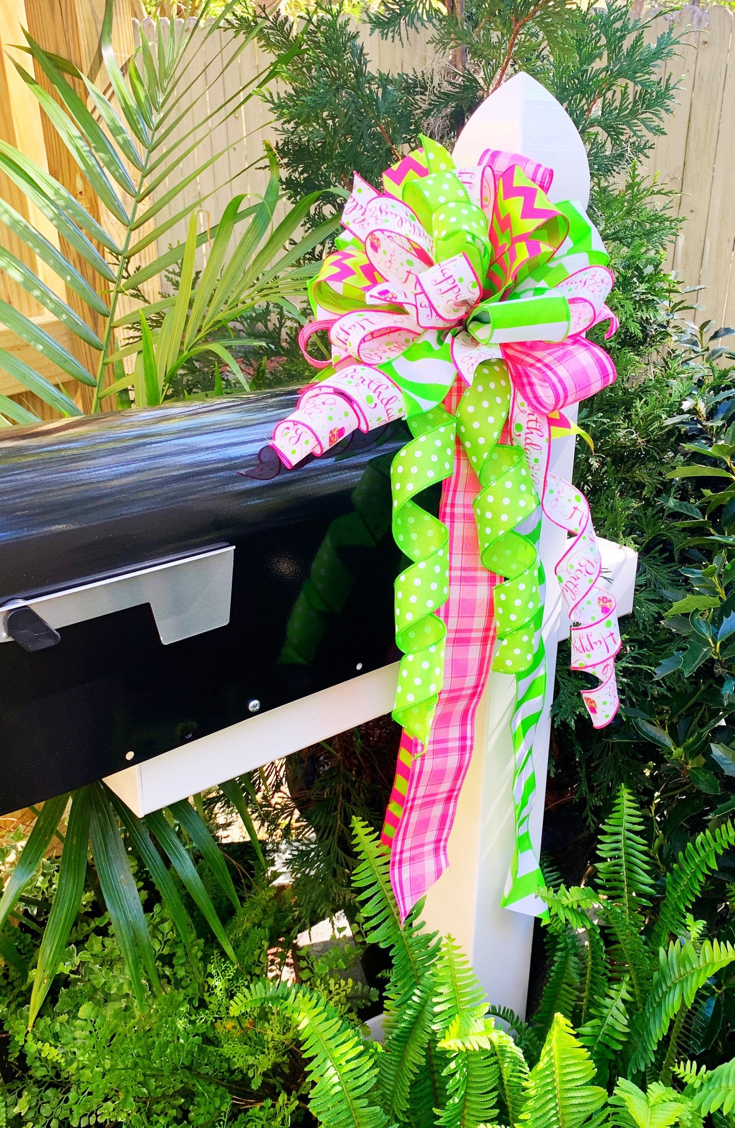 Birthday Bow in Vibrant Pink and Green Ribbon. Perfect for Mailbox, Door, and Wreath.