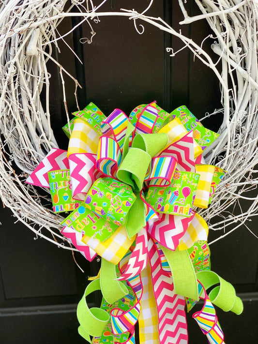 Birthday Bow in Multicolor Featuring Ribbon with Presents and Balloons. Perfect for Mailbox, Door, and Wreath.