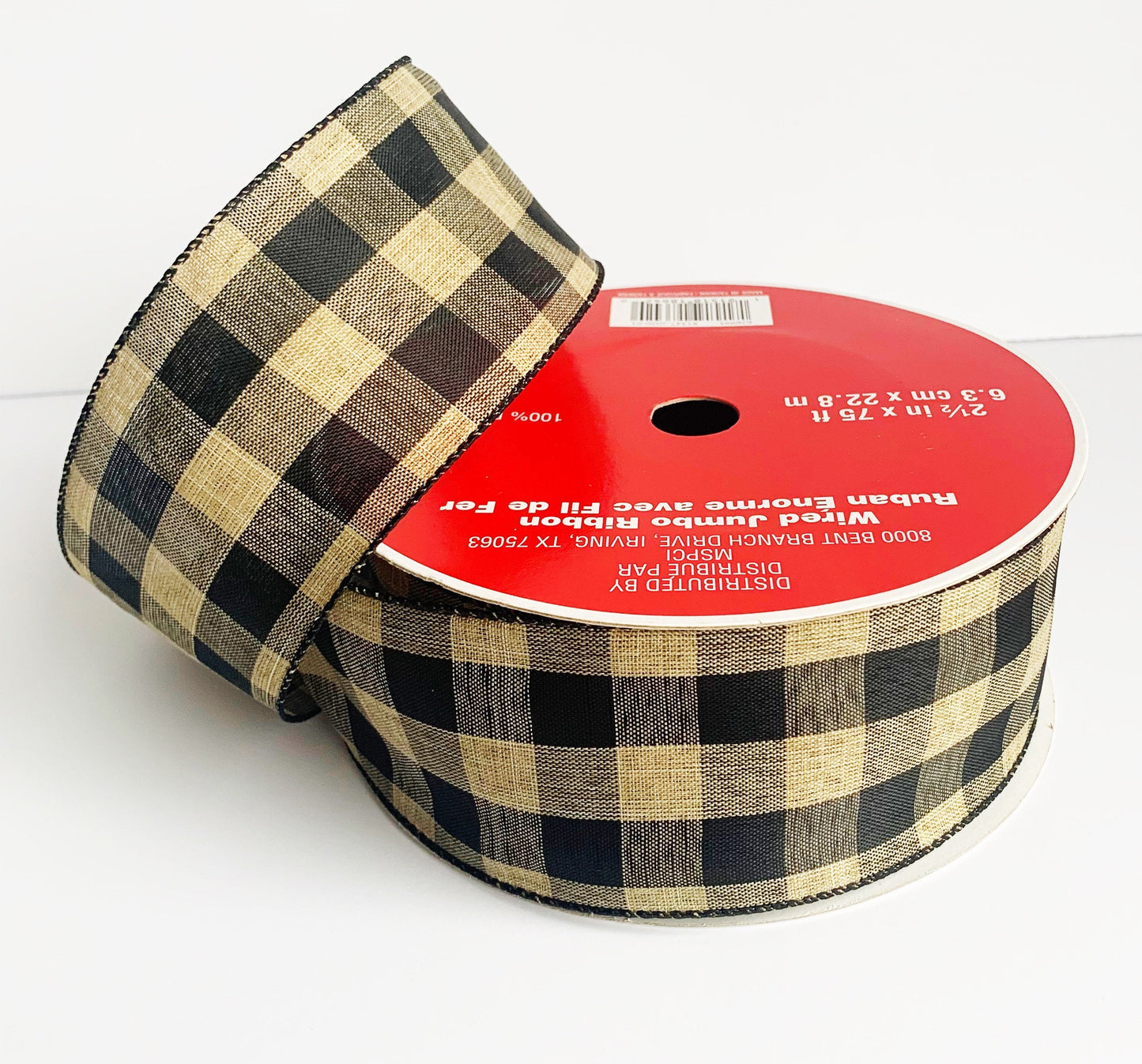 Ribbon Roll - Plaid Ribbon, Plaid Check Ribbon,  Plaid, Check Ribbon, Wired Ribbon, Ribbon, Craft, Craft Ribbon, Bow Ribbon, Tan Ribbon