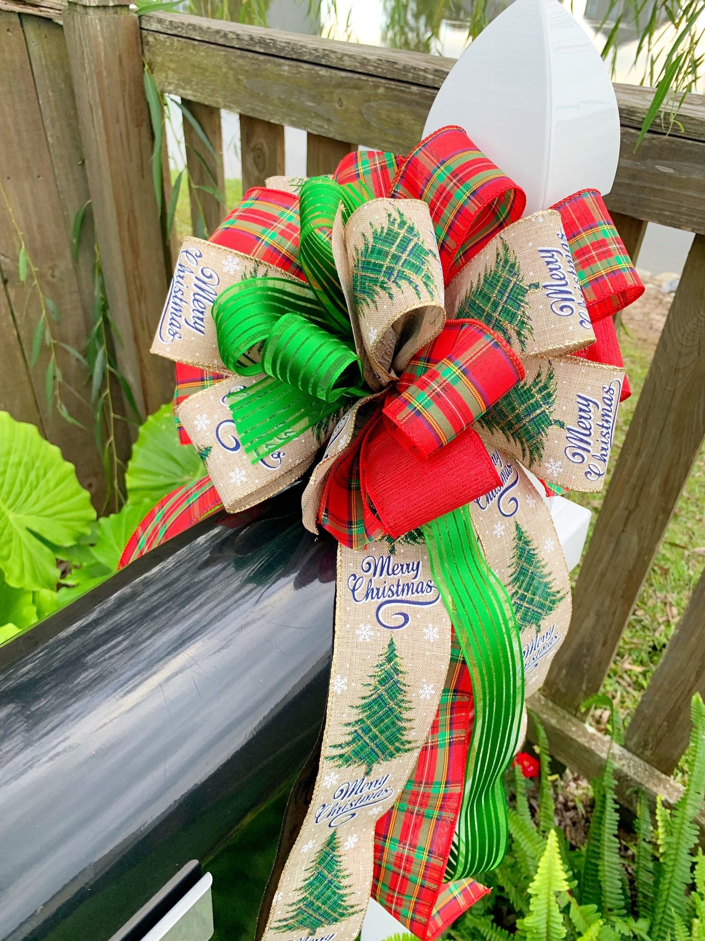 Christmas Bow in Green, Red, and Beige Featuring Christmas Tree with Merry Christmas Ribbon. Perfect for Mailbox, Door, and Wreath.