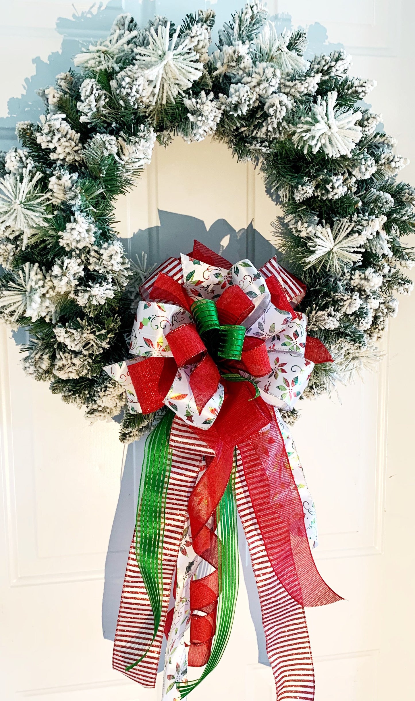 Christmas Bow in Red, White, and Green, Featuring Poinsettias. Perfect for Mailbox, Door, and Wreath.