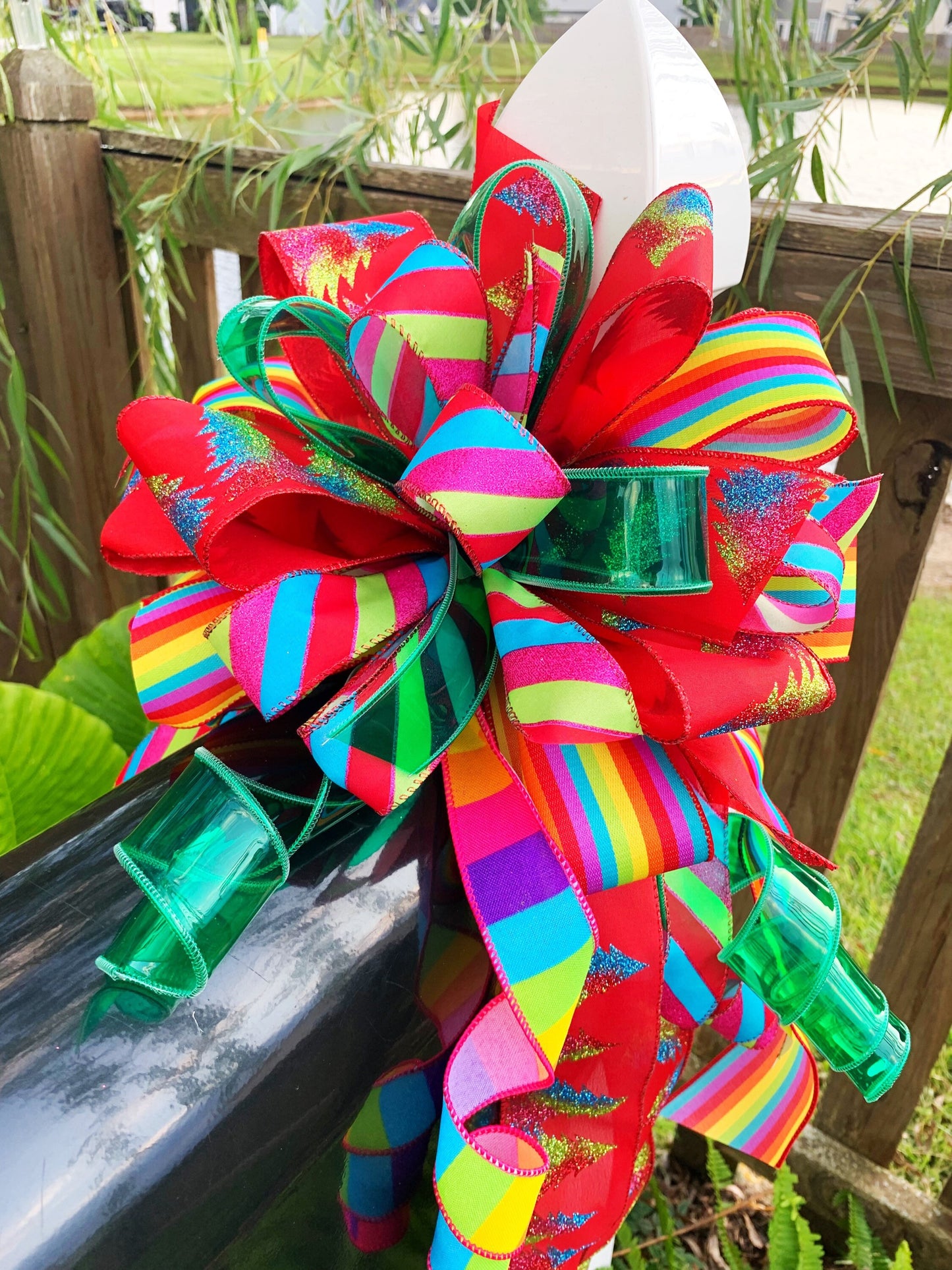 Christmas PRIDE Bow Featuring Multicolor and Pattern Ribbon. Perfect for Mailbox, Wreath, and Door.