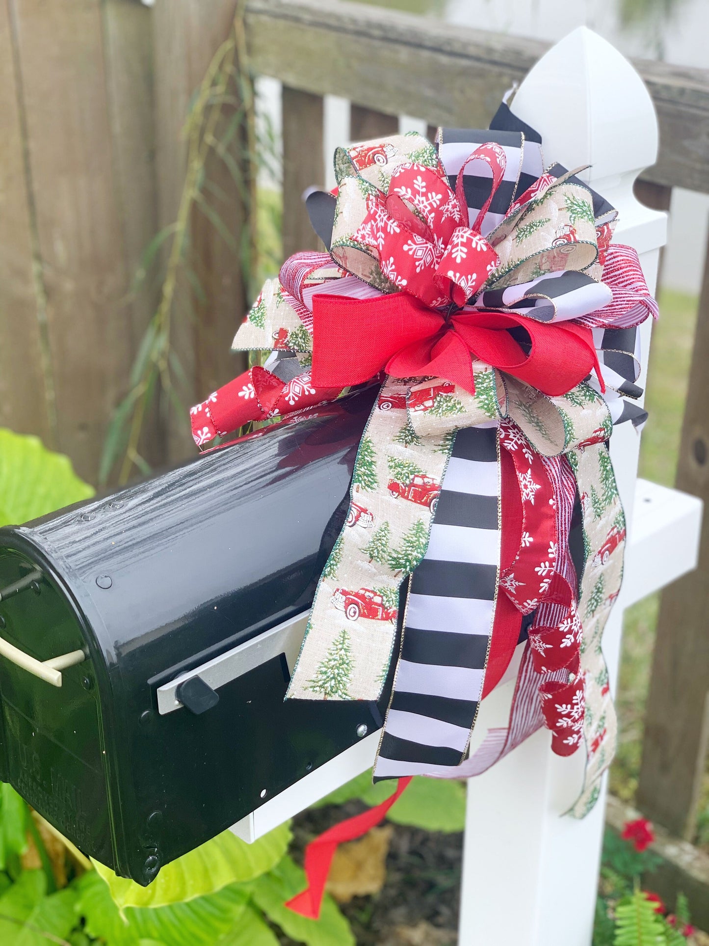 Christmas Bow Featuring Trucks and Snowflakes. Perfect for Mailbox, Door, and Wreath.