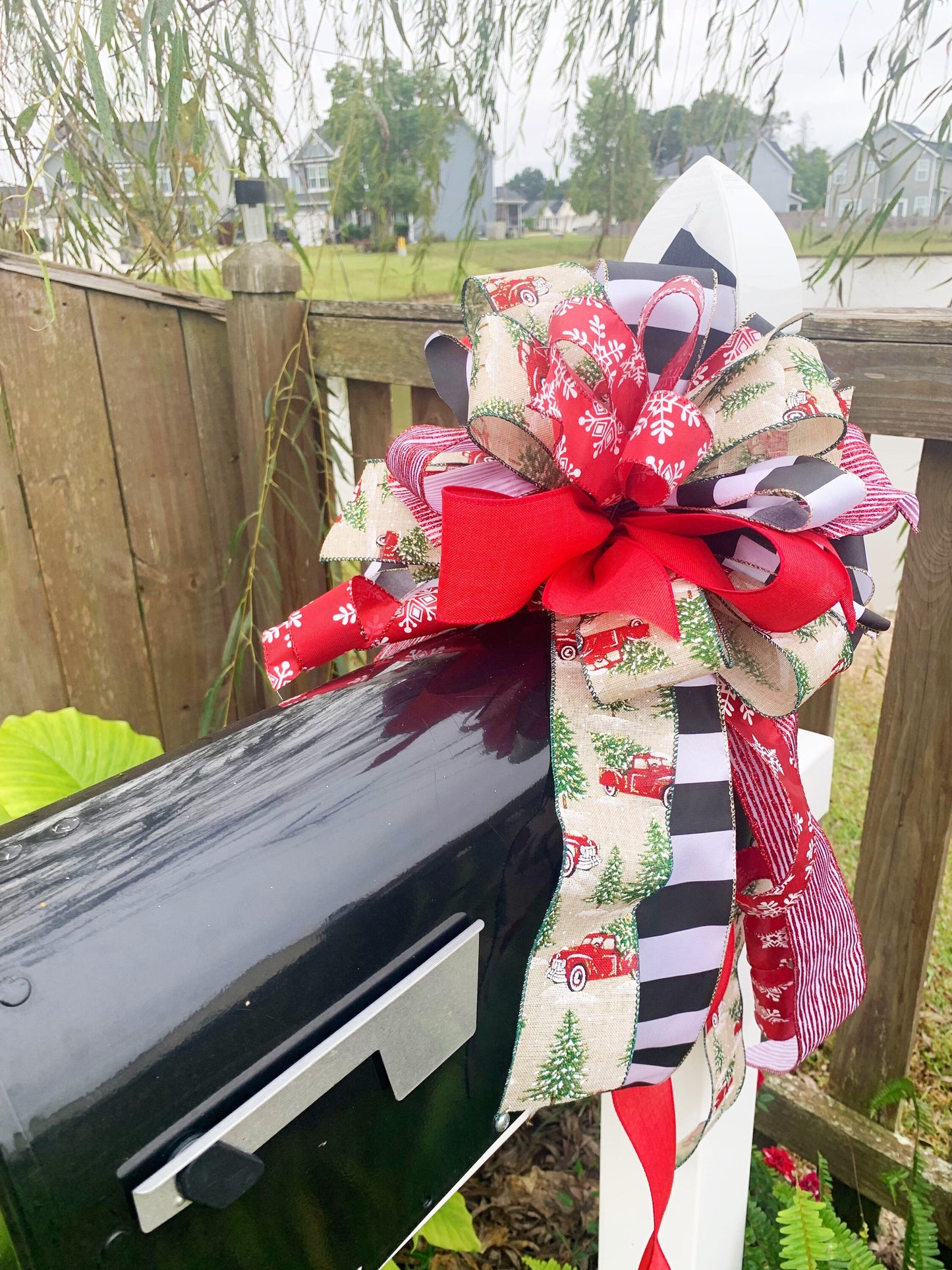 Christmas Bow Featuring Trucks and Snowflakes. Perfect for Mailbox, Door, and Wreath.