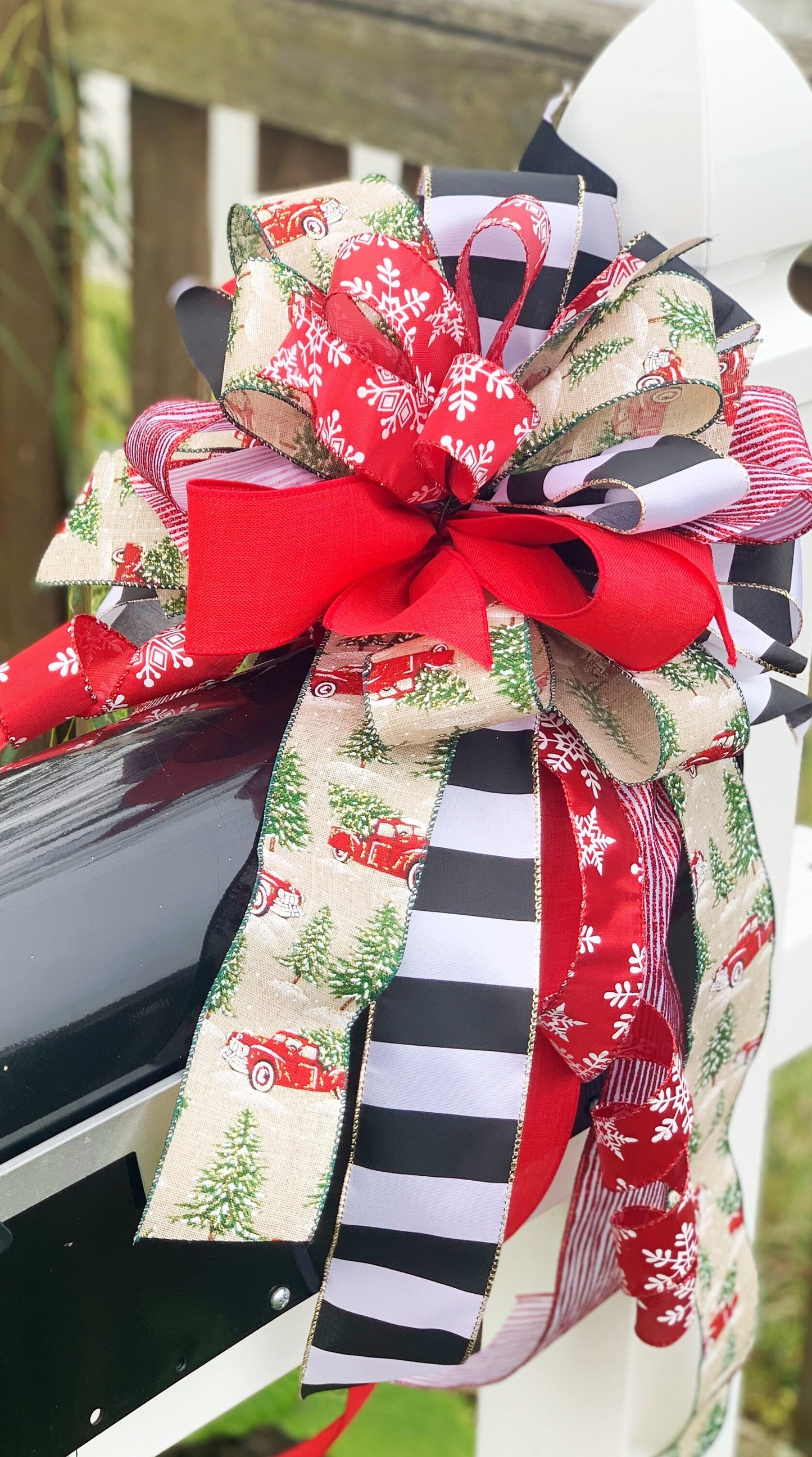 Christmas Bow Featuring Trucks and Snowflakes. Perfect for Mailbox, Door, and Wreath.