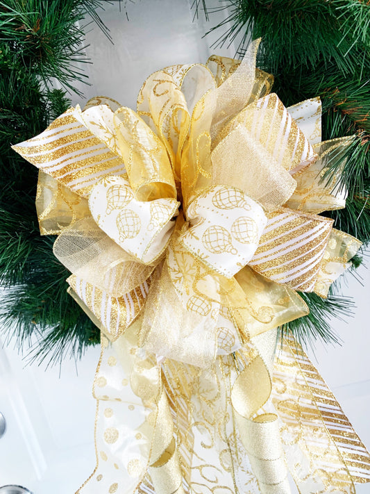 Christmas Bow in Cream and Gold, Featuring Gold Ornaments. Perfect for Mailbox, Door, and Wreath.