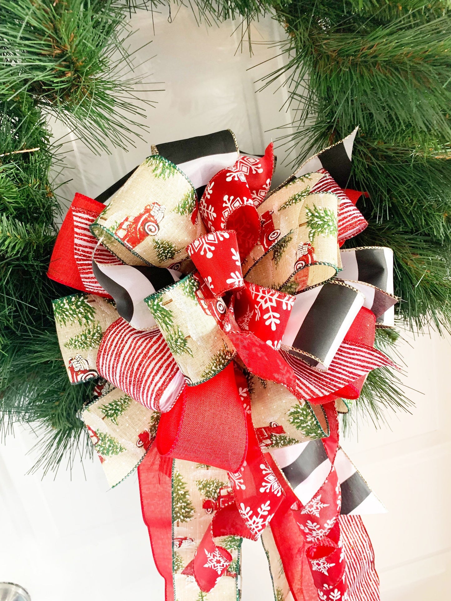 Christmas Bow Featuring Trucks and Snowflakes. Perfect for Mailbox, Door, and Wreath.