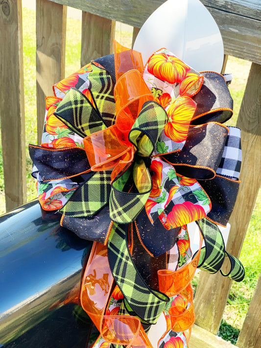 Fall Collection- Pumpkin Black/White Check Bow, Fall Bow, Fall Decor, Fall Ribbon, Mailbox Bow, Wreath Bow, Large Bow, Bow, Bows
