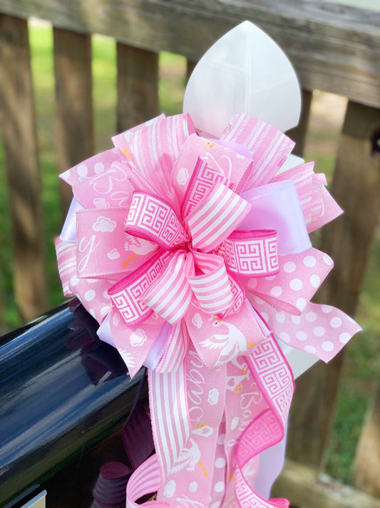 Baby Girl Bow in Pink and White, Featuring Polka Dots and Stork. Perfect for Mailbox, Door, and Wreath.