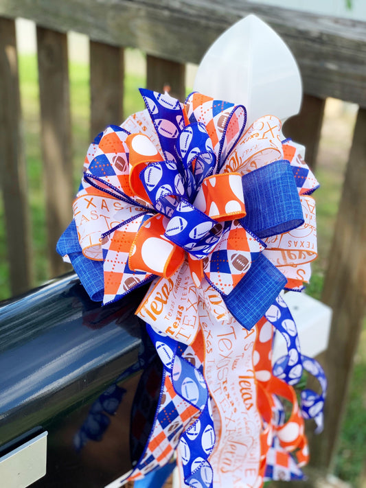 Sports Collection - Orange/Blue Bow,Orange Bow,Football Bow,Football,Texas Decor,Mailbox Bow,Wreath Bow,Large Bow,Texas Longhorns,Longhorns