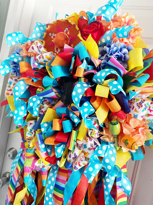 Wreath Collection- Festive Wreath, Fiesta,Party,Decorate,Cinco De Mayo,Wreath,Latin Decor,Maracas,Festive,Ribbon,Ribbon Wreath,Gift